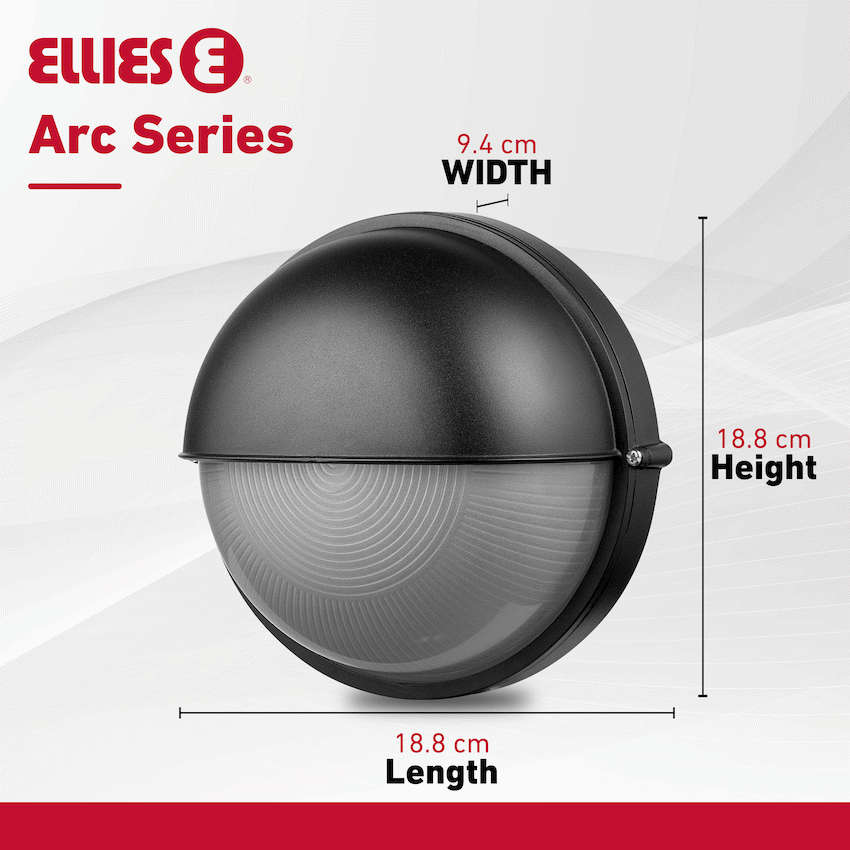 Ellies Arc Series - AC Round Bulkhead - Aluminium + Glass - E27 Base -BK