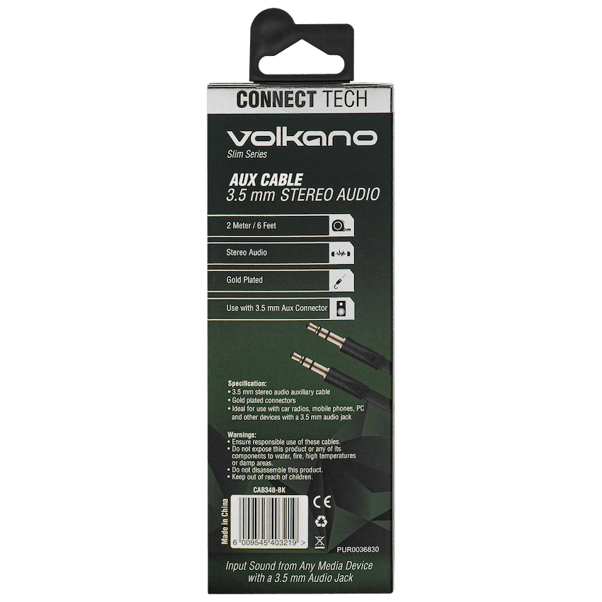 Volkano Slim Series Aux Cable 2m - Black