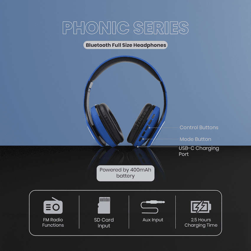 Volkano Phonic Series Bluetooth Full Size Headphones - Blue