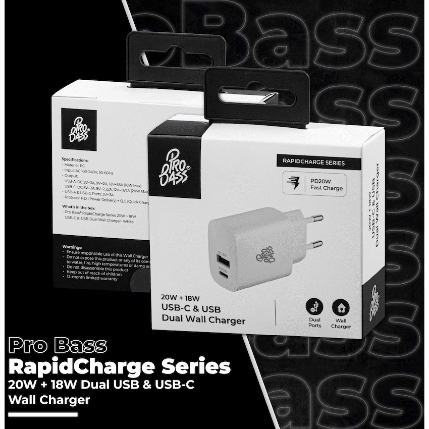 Pro Bass Rapidcharge Series 20w+18w Dual USB and Type-C Wall Charger - White