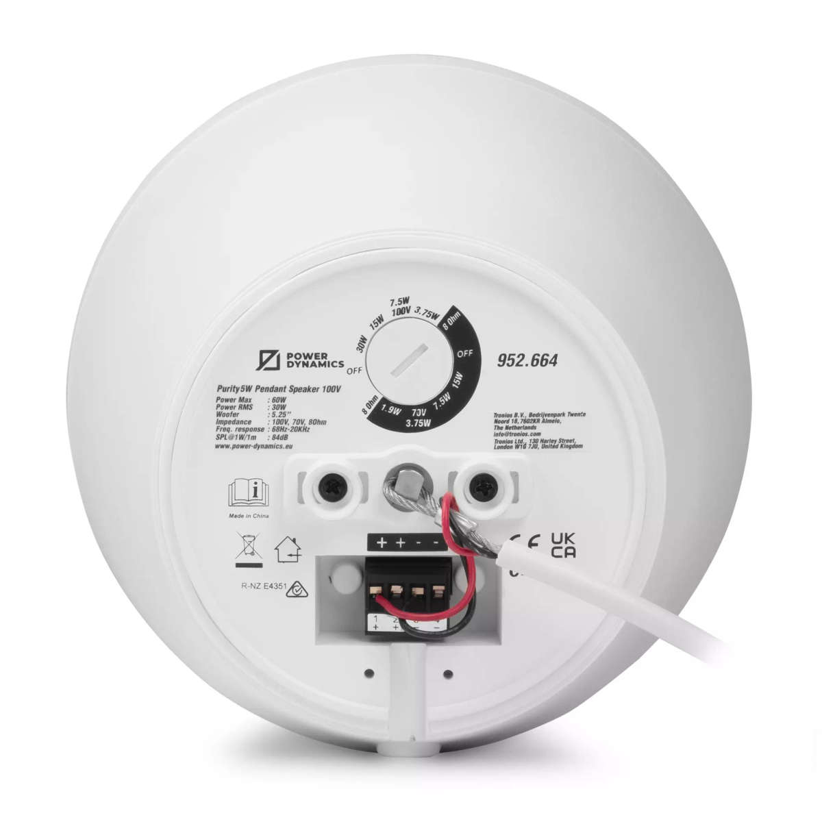 PDM PURITY5W CONE PENDANT SPEAKER 5.25INCH WHITE 30W 100V IP20