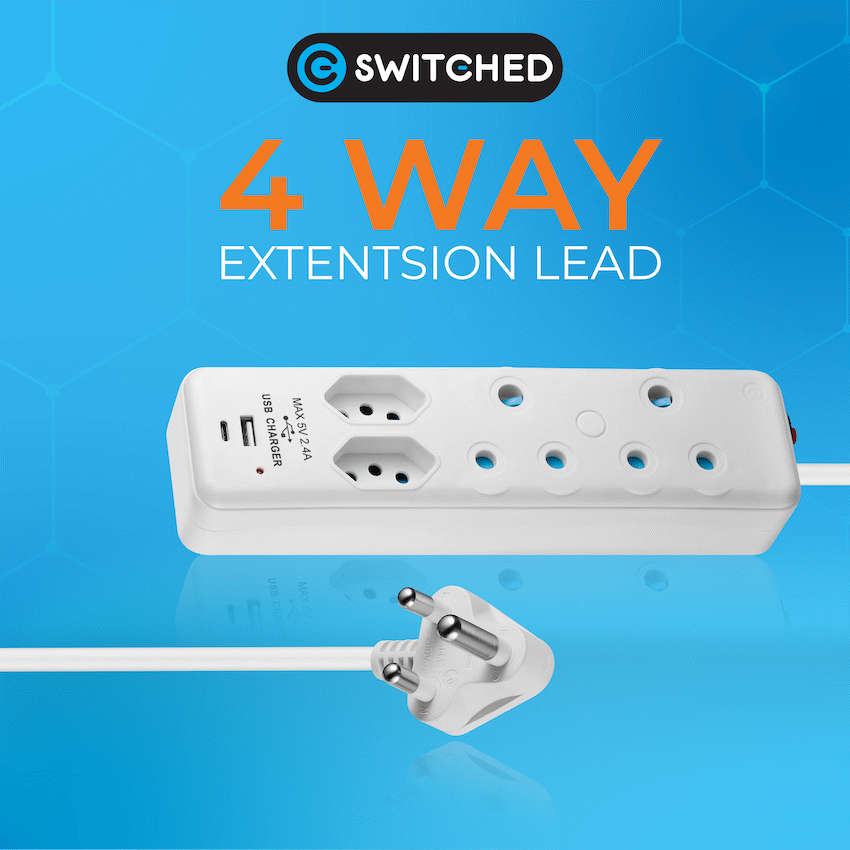 Switched 4-Way Extension Lead with 1x Type-C + 1x USB - 4m