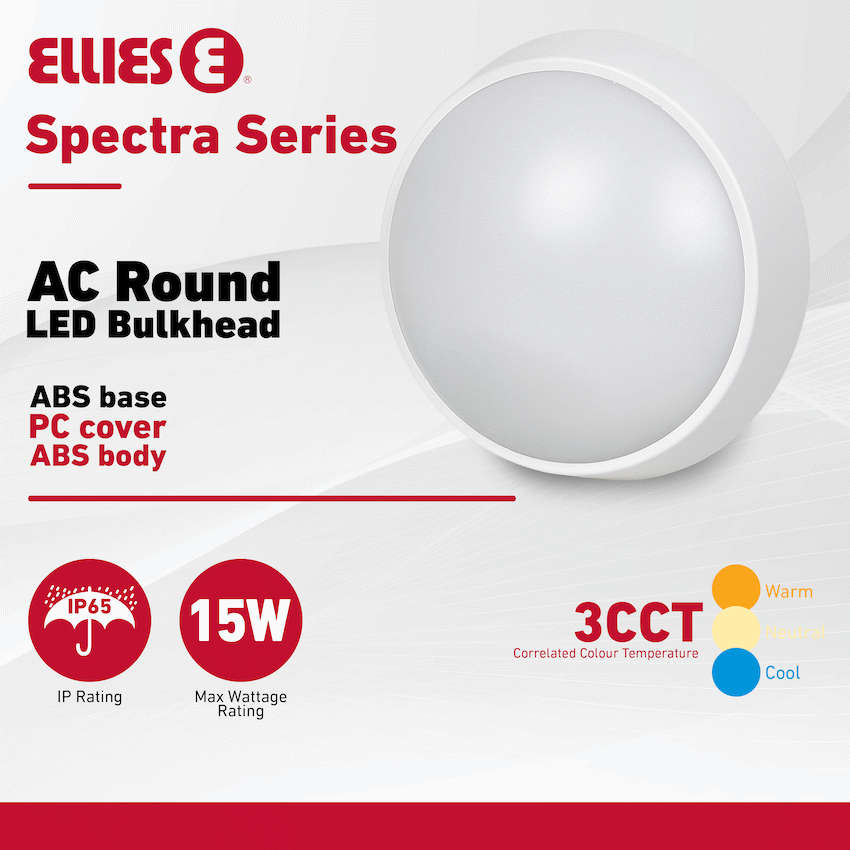 Ellies Spectra Series - AC 15W  Round LED Bulkhead with 3CCT -WT