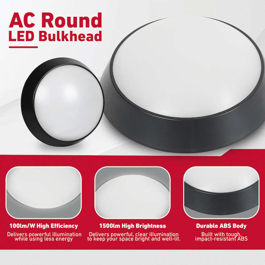 Ellies Spectra Series - AC 15W  Round LED Bulkhead with 3CCT -BK