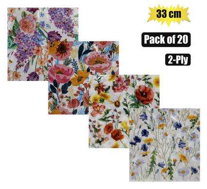 BULK PACK X 5 SERVIETTES 2PLY 33cm 20PC FLOWERS