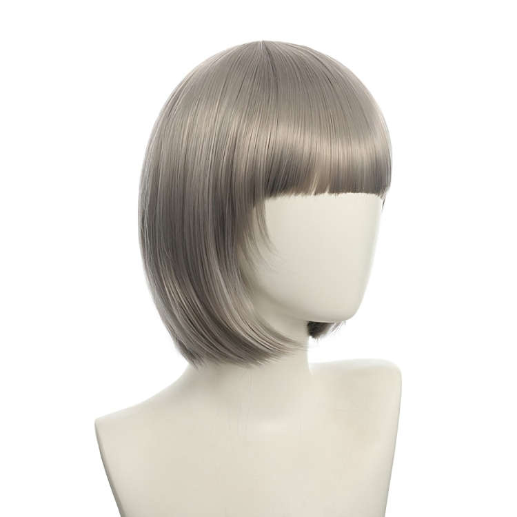 Bob-Cut Straight Fringe Cosplay Wig With Cap - Grey