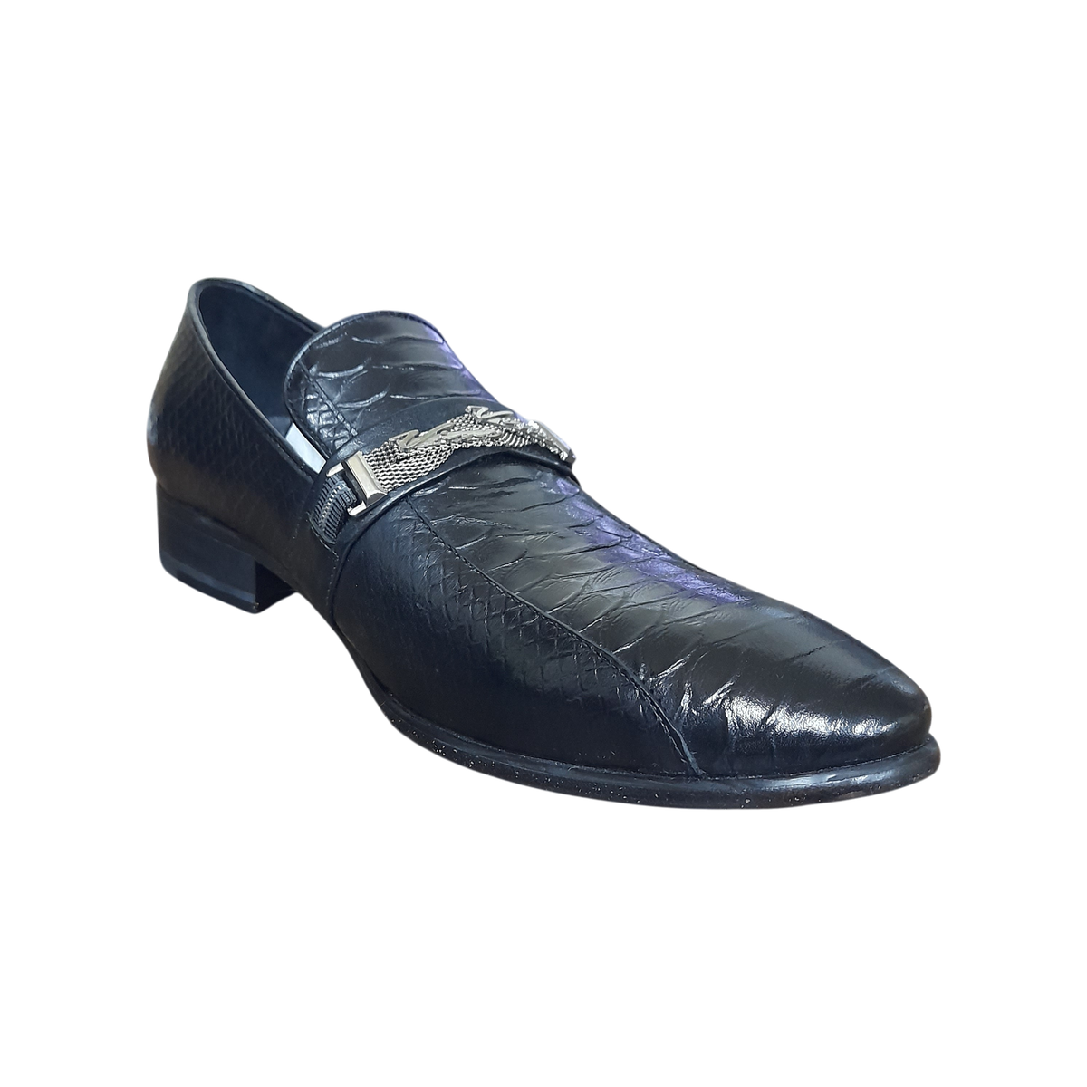 Snake Skin Loafers With Silver Leaf Buckle