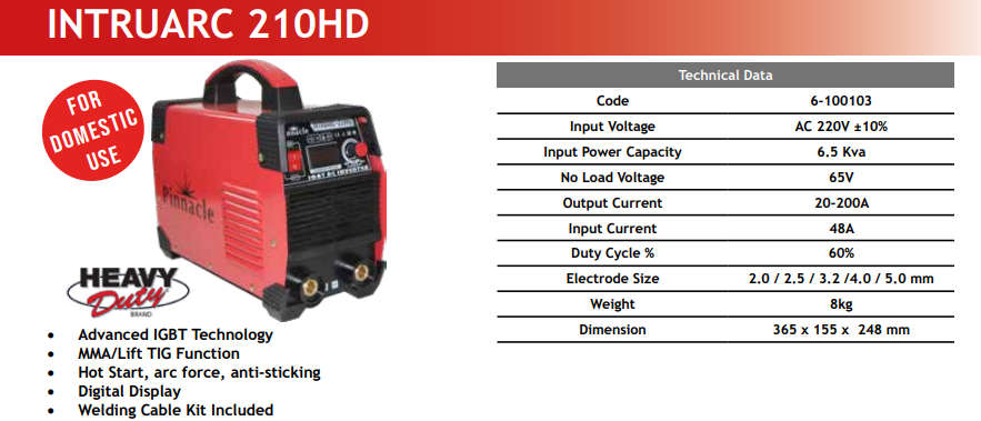 PINNACLE INTRUARC 210HD Inverter Welder 220V 200A Heavy Duty