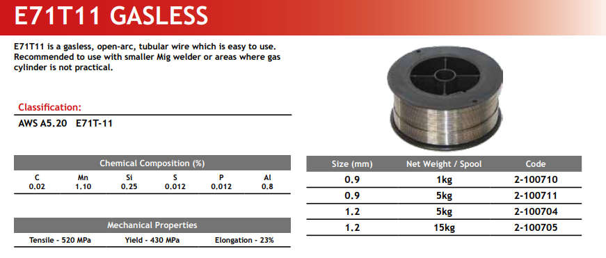 E71T-11 0.9MM 1KG SPOOL ( GASLESS) For MigArc 165