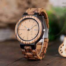 BOBO BIRD Men's Zebra Wood  Quartz Date wristwatch With Week Display