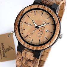 BOBO BIRD Men's Zebra Wood  Quartz Date wristwatch With Week Display