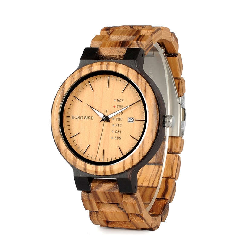 BOBO BIRD Men's Zebra Wood  Quartz Date wristwatch With Week Display