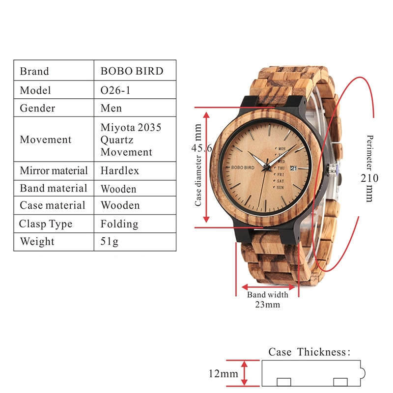 BOBO BIRD Men's Zebra Wood  Quartz Date wristwatch With Week Display
