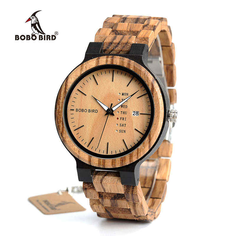 BOBO BIRD Men's Zebra Wood  Quartz Date wristwatch With Week Display
