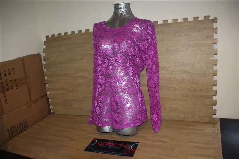 Polyester see-through purple floral longsleeved shirt, Size Large