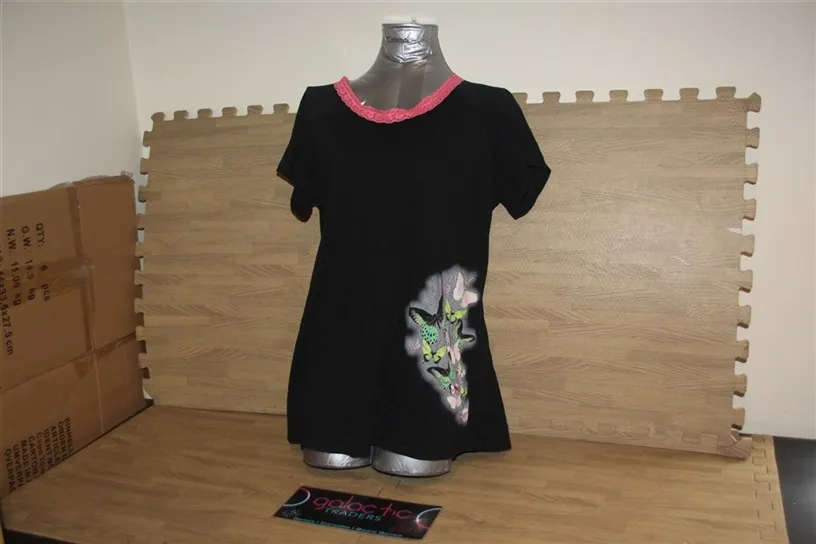 Cotton Black T-shirt with pink lace, Size L