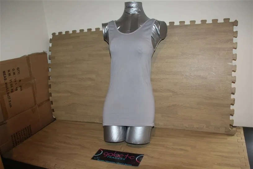 Grey Tank top, doesnt say size or material, looks medium and nylon