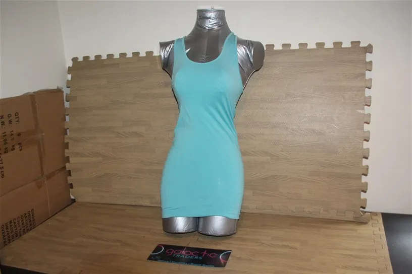 Light Blue Tank top, doesnt say size or material, looks medium and nylon