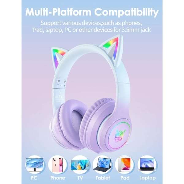 Onikuma B90 RGB Cat Ear Bluetooth 5.0 Wireless Gaming Headset  Purple