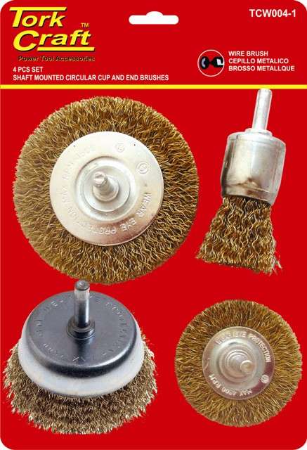 TORK CRAFT WIRE BRUSH SET 4PCE WITH SHAFT END/CUP/CIRC