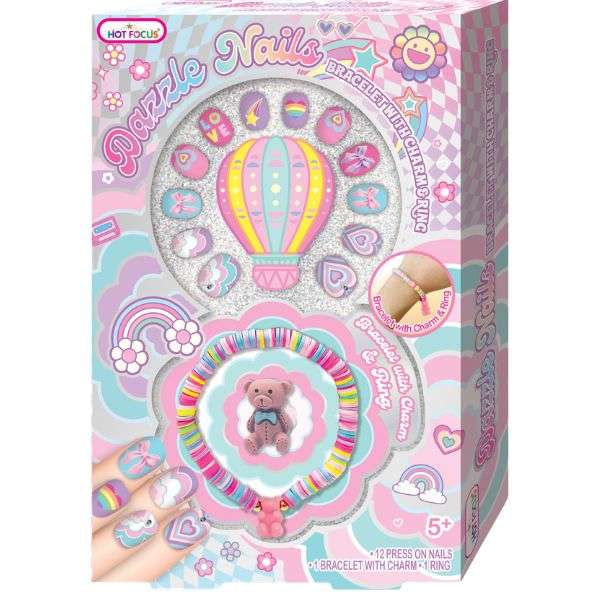 Hot Focus Dazzle 3D Press-On Nails Rainbow & Bears