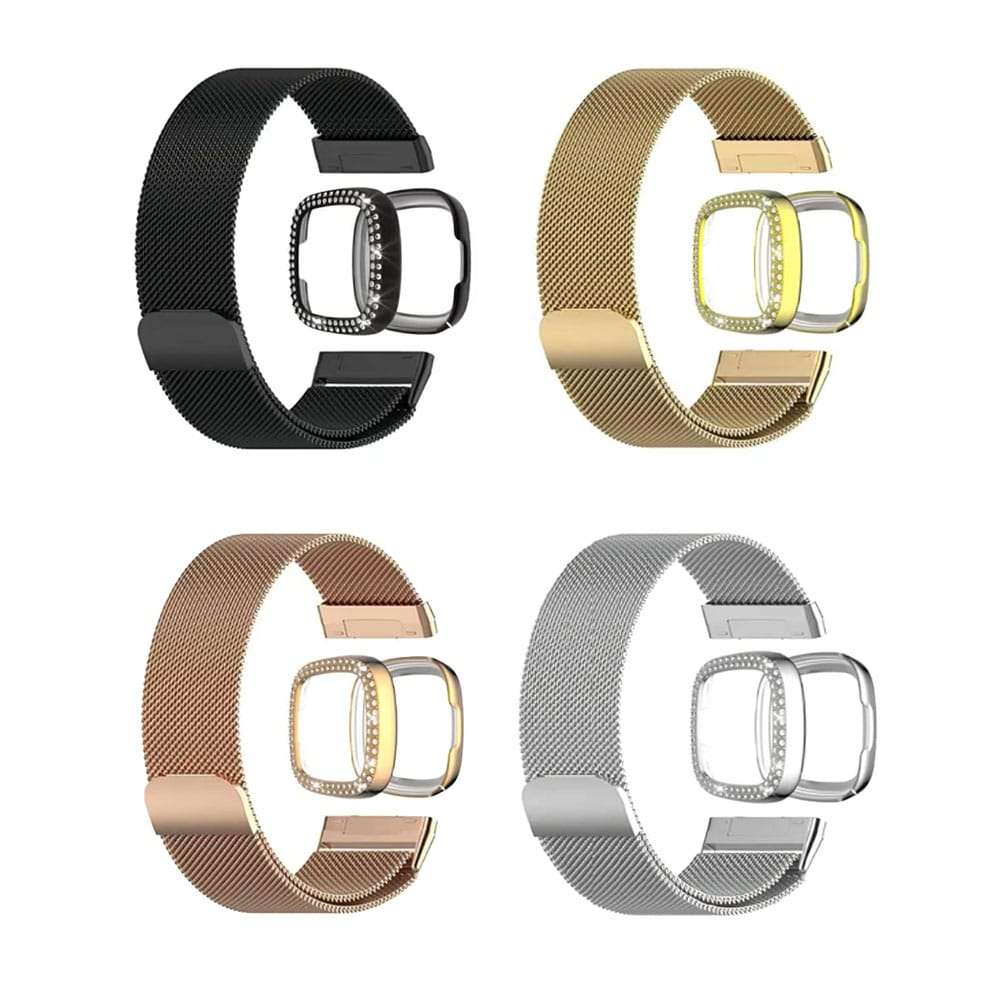 Killer Deals Milanese strap and PC case with diamond for Fitbit Versa 3 ,Sense - Rose Gold Combo