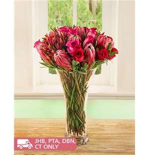 Red Rose and Protea Medley Vase