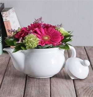 Mixed Flowers in White Teapot
