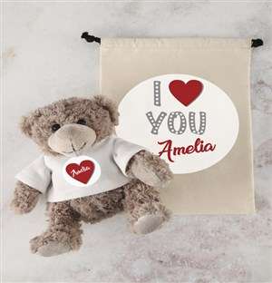 Personalised Mummy Love Teddy and Drawstring Bag
