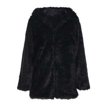 Hooded Long Sleeve Black Faux Fur Coat - Large