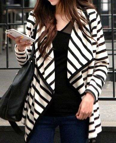 Turn Down Neck Splicing Stripe Design Long Sleeves Cardigan Coat - Small