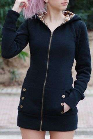 Hooded Inside Leopard Printed Long Sleeve Thick Hoodie