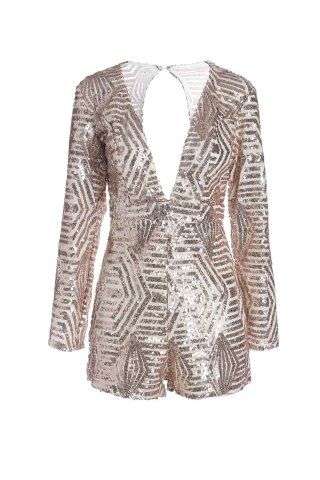 Plunging Neck Long Sleeve Sequined Backless Romper - Medium