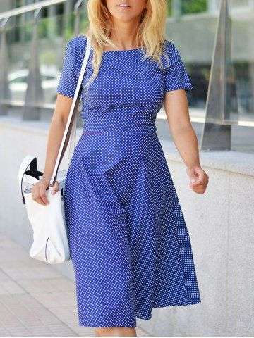 Polka Dot Printed Short Sleeve Belted Midi Dress - Large