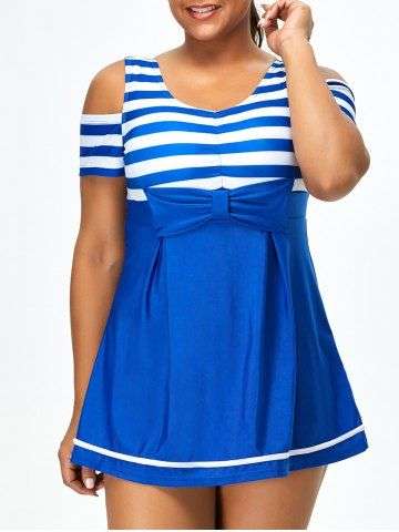 Striped Plus Size Cold Shoulder One Piece Swimwear