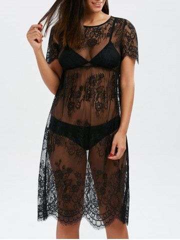 Tiny Floral Scalloped Edge Lace Cover Ups Dress - XLarge