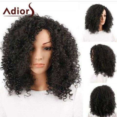 Adiors Side Bang Medium Shaggy Afro Curly Synthetic Wig