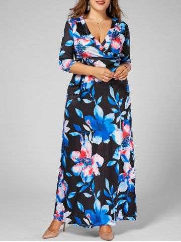 Floral V Neck Plus Size Long Dress