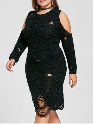 Distressed Plus Size Open Shoulder Sweater Dress