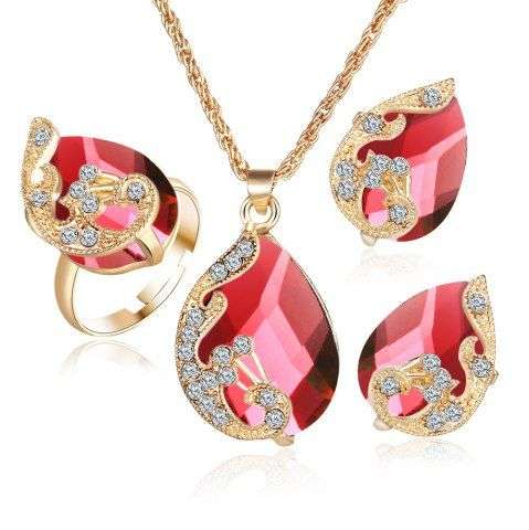 3PCS Crystal Pendant Necklace Earrings Ring Jewelry - Small