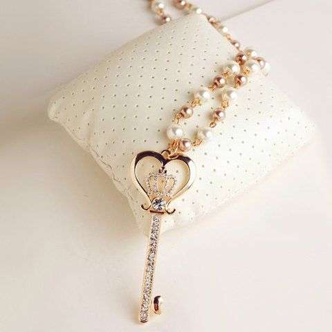 Chic Diamante Crown Embellished Key Pendant Sweater Chain Necklace For Women