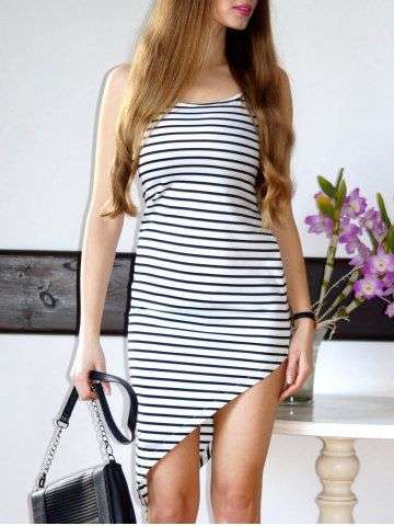 Spaghetti Strap Striped Asymmetrical Dress