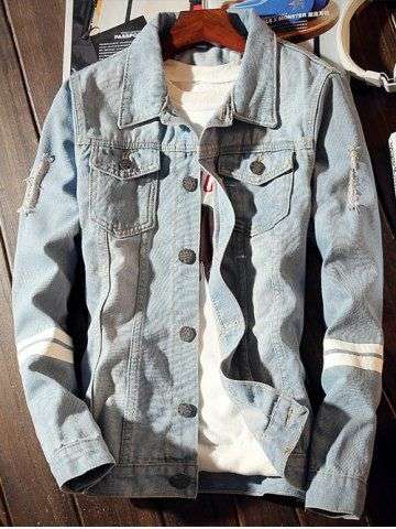 Graphic Printed Varsity Striped Destroyed Denim Jacket - Medium