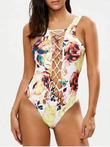 Printed Lace Up Plunge Swimsuit - XLarge