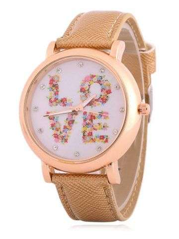 Fuax Leather Rhinestone Floral Love Analog Watch