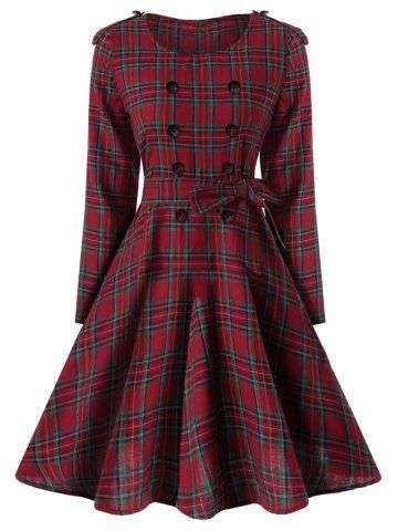 Vintage Buttons Epaulette Plaid Dress