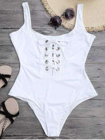 Solid Color Lace Up One Piece Swimwear