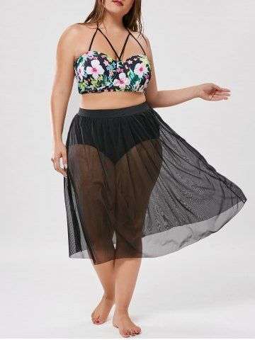 Plus Size Floral Mesh Skirted Swimwear