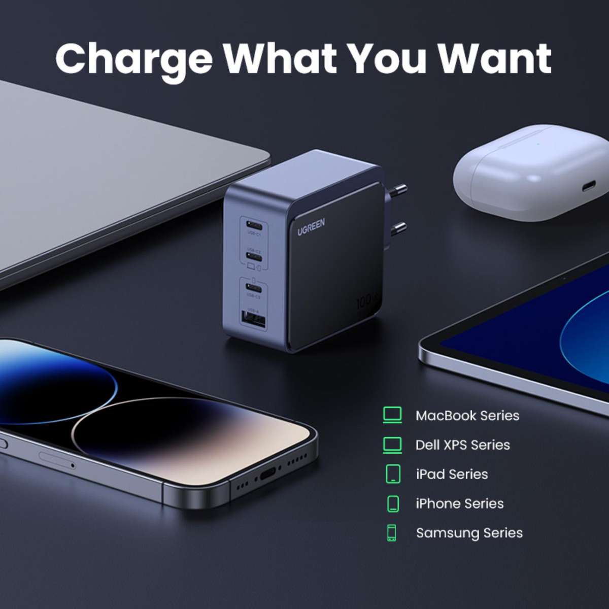 UGREEN Nexode 100W GaN PD Fast Wall Charger - 4 Port - Grey & Black