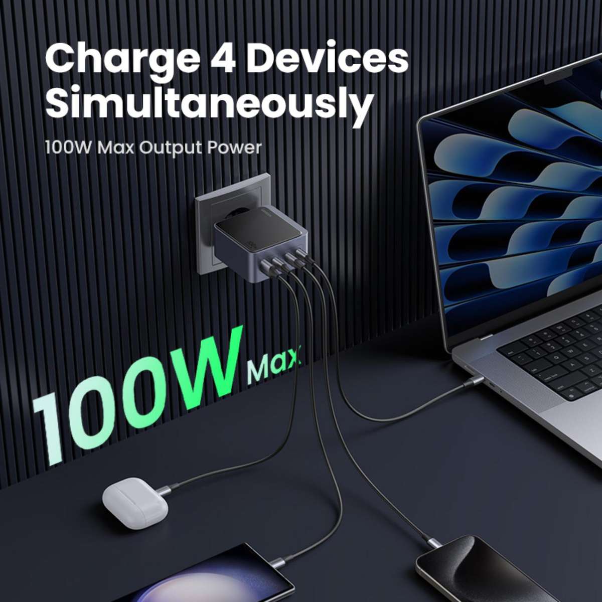 UGREEN Nexode 100W GaN PD Fast Wall Charger - 4 Port - Grey & Black